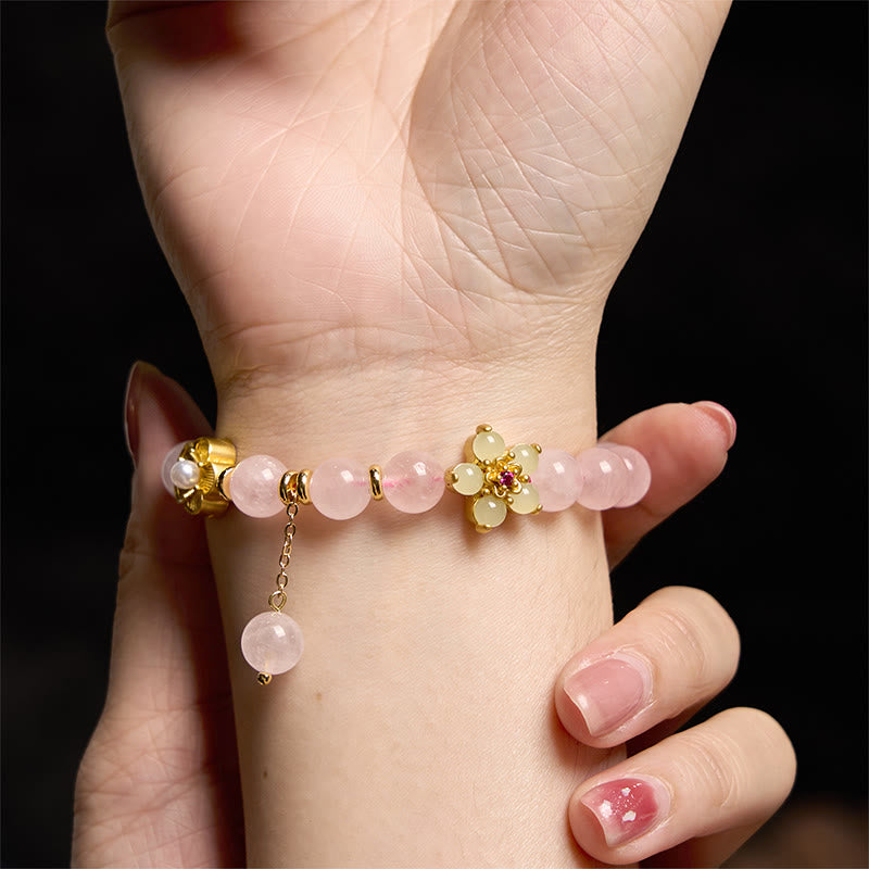 Handmade Floral Rose Quartz and Citrine Copper Bracelet for Women