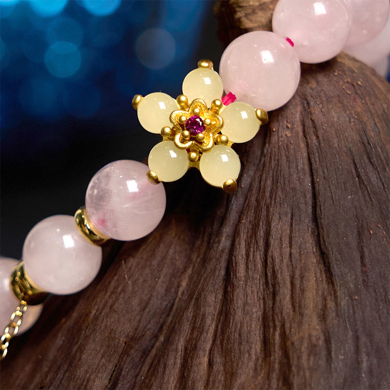 Handmade Floral Rose Quartz and Citrine Copper Bracelet for Women