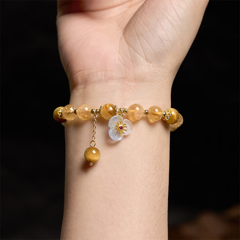 Handmade Tiger Eye and Citrine Beaded Flower Charm Bracelet