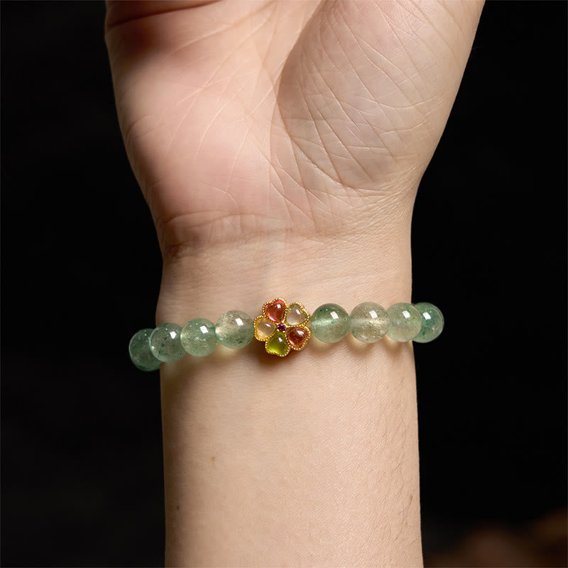 Natural Green Strawberry Quartz Beaded Bracelet with Fu Character Symbol