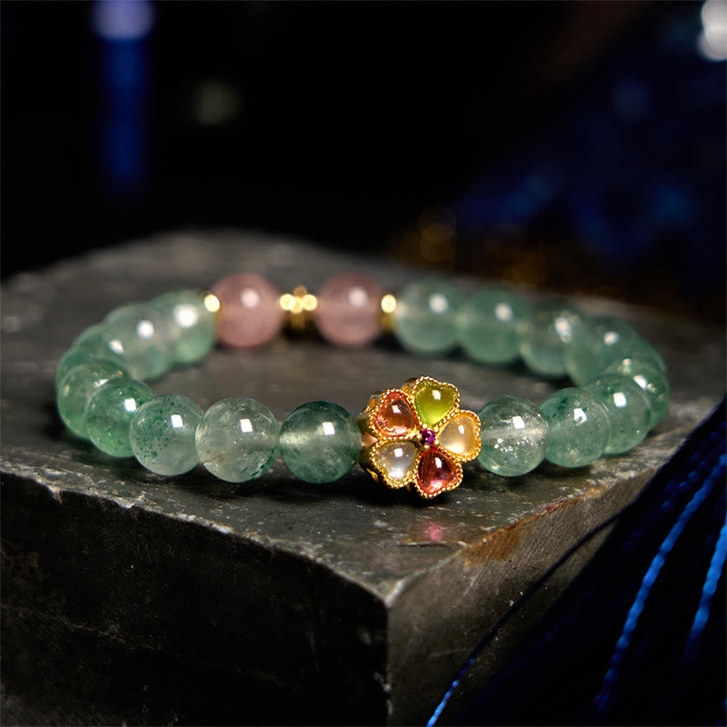 Natural Green Strawberry Quartz Fu Character Prosperity Bracelet (14-18cm)
