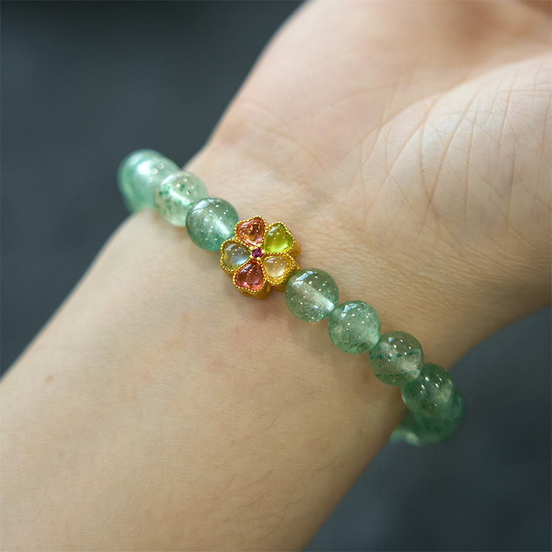 Natural Green Strawberry Quartz Fu Character Prosperity Bracelet (14-18cm)