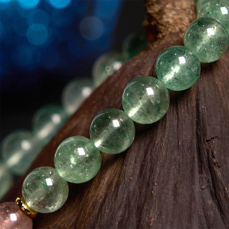 Natural Green Strawberry Quartz Beaded Bracelet with Fu Symbol Charm