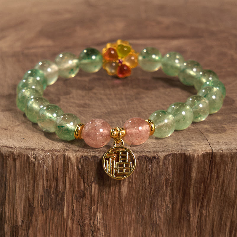 Natural Green Strawberry Quartz Beaded Bracelet with Fu Symbol Charm