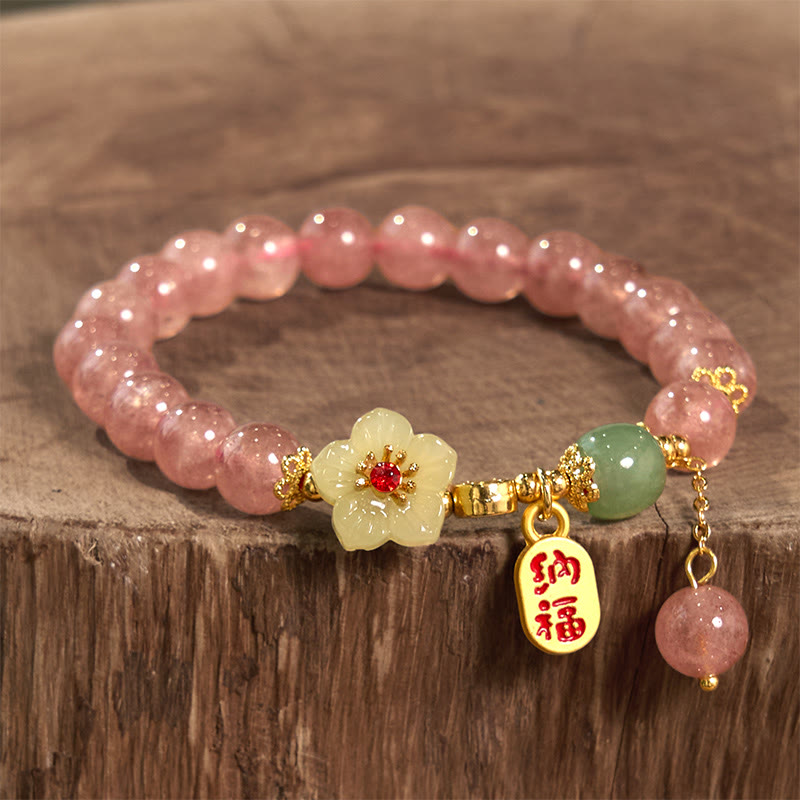 Natural Strawberry Quartz Blossom Fu Character Positivity Healing Bracelet