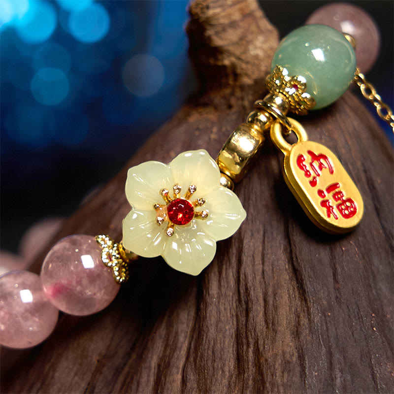Natural Strawberry Quartz Blossom Fu Character Positivity Healing Bracelet
