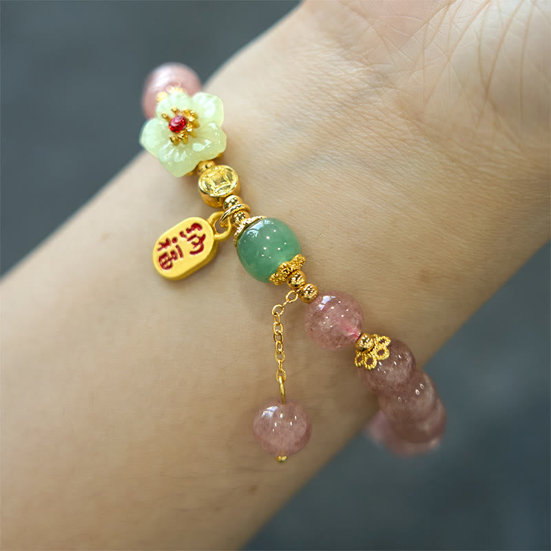 Natural Strawberry Quartz Blossom & Fu Character Beaded Bracelet