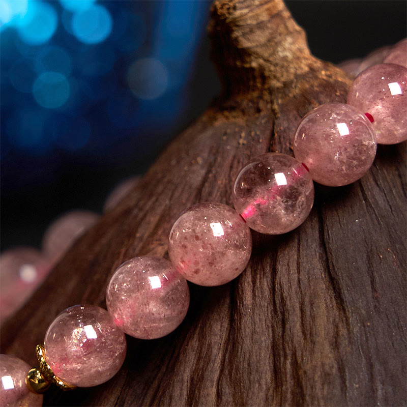 Natural Strawberry Quartz Blossom & Fu Character Beaded Bracelet