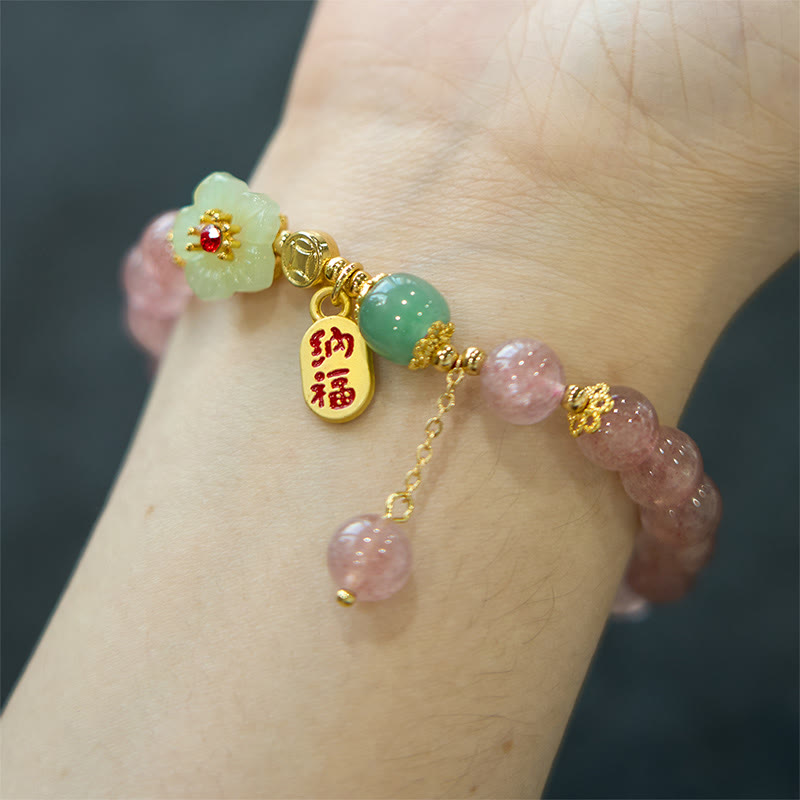 Natural Strawberry Quartz Blossom Fu Character Positivity Healing Bracelet