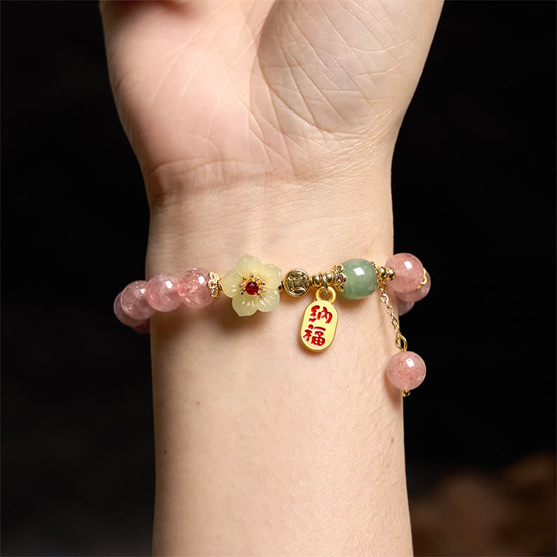 Natural Strawberry Quartz Blossom & Fu Character Beaded Bracelet