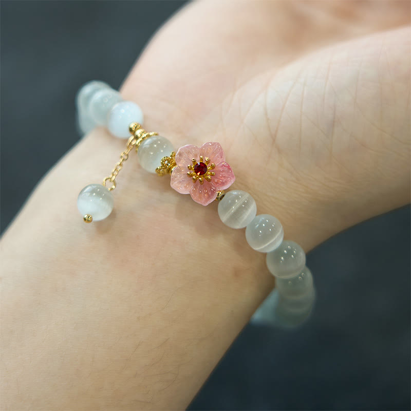 Pink Floral Cat's Eye and Clear Quartz Beaded Support Bracelet