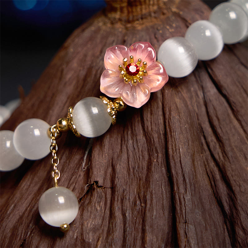 Pink Floral Cat's Eye and Clear Quartz Beaded Support Bracelet