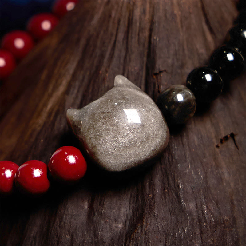 Black Obsidian Cinnabar Silver Sheen Obsidian Cat Fulfilment Bracelet