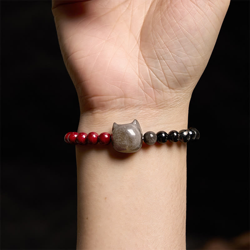 Handmade Silver Sheen Obsidian, Cinnabar & Black Obsidian Beaded Energy Bracelet
