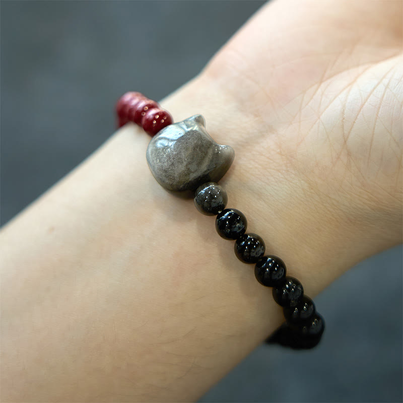 Black Obsidian Cinnabar Silver Sheen Obsidian Cat Fulfilment Bracelet