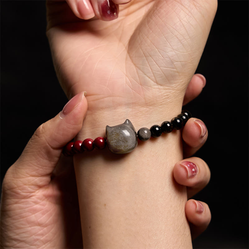 Handmade Silver Sheen Obsidian, Cinnabar & Black Obsidian Beaded Energy Bracelet