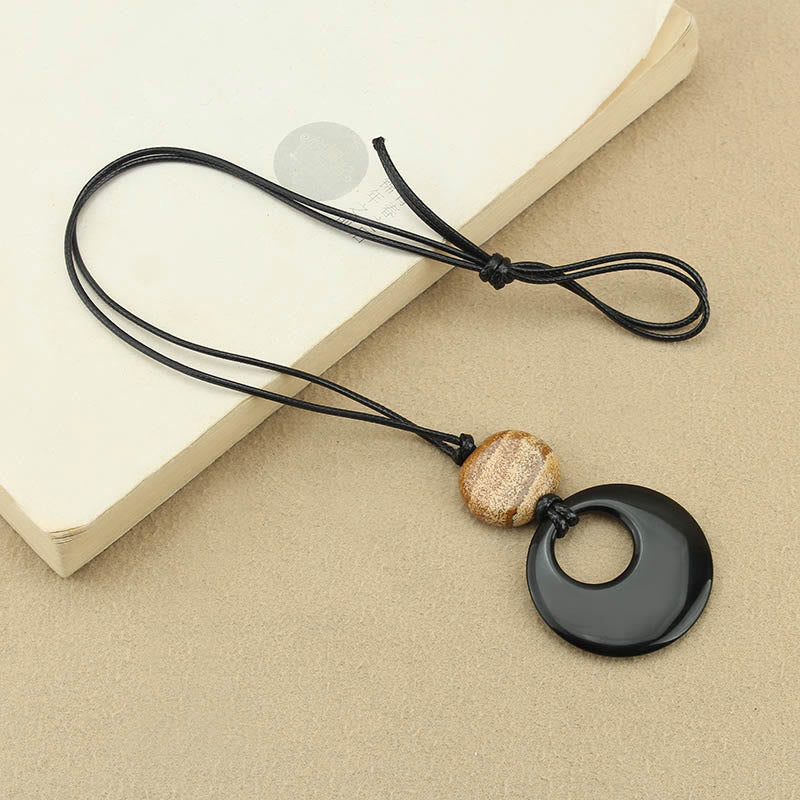 Black Obsidian Liuli Picture Stone Copper Fulfilment Necklace Pendant