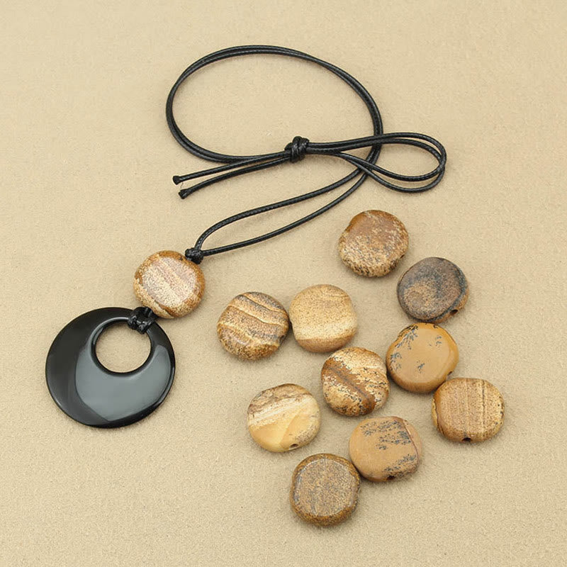 Black Obsidian Liuli Picture Stone Copper Fulfilment Necklace Pendant