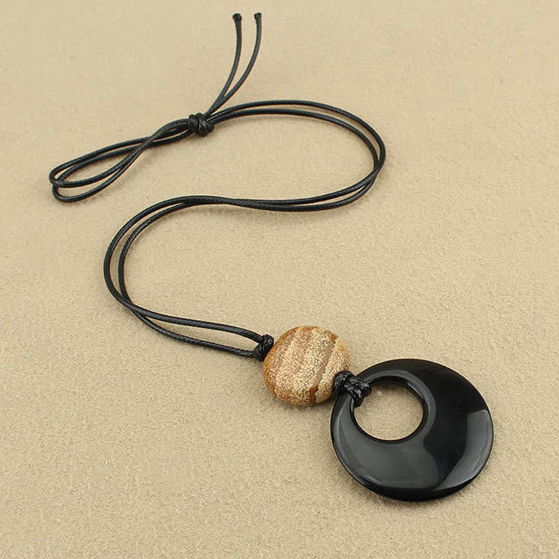 Black Obsidian Liuli Picture Stone Copper Fulfilment Necklace Pendant