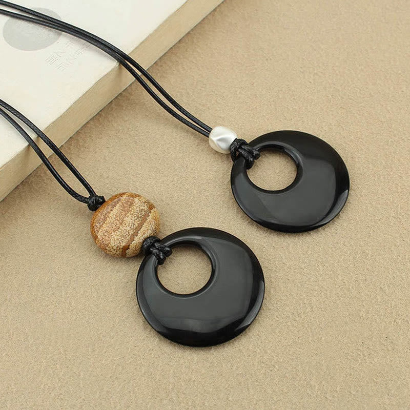 Black Obsidian Liuli Picture Stone Copper Fulfilment Necklace Pendant