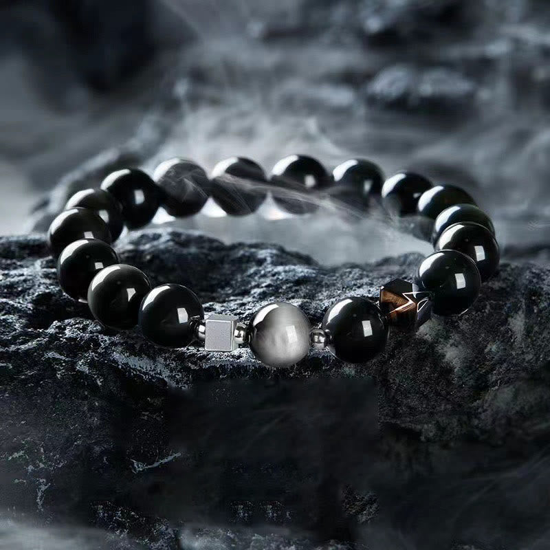 Black Obsidian Eagle's Eye Stone Gold Sheen Obsidian Tiger's Eye Strength Bracelet