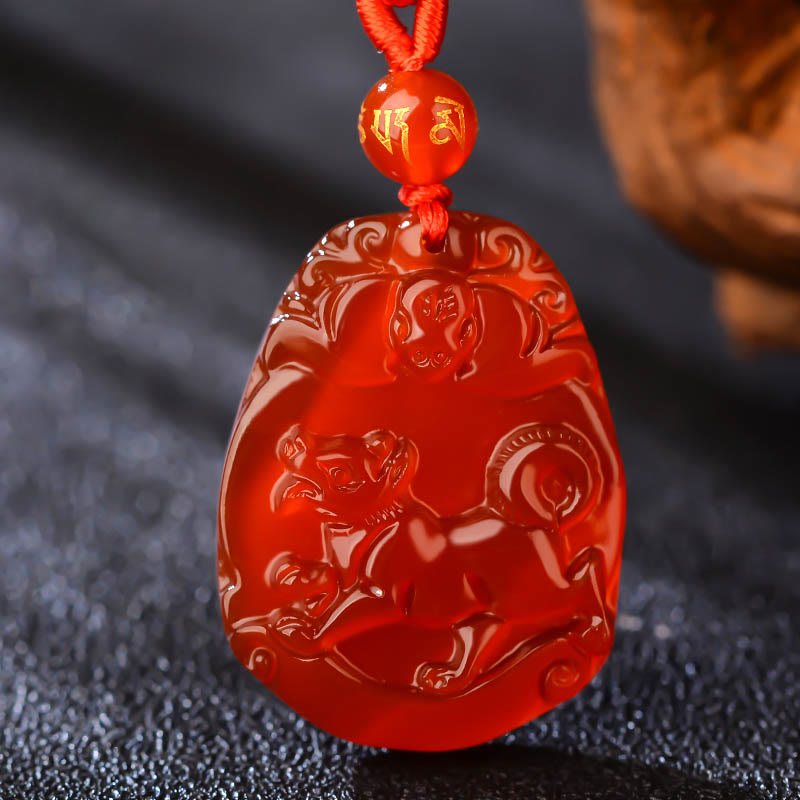 Hand-Carved Natural Red Agate Chinese Zodiac Symbol Pendant Necklace