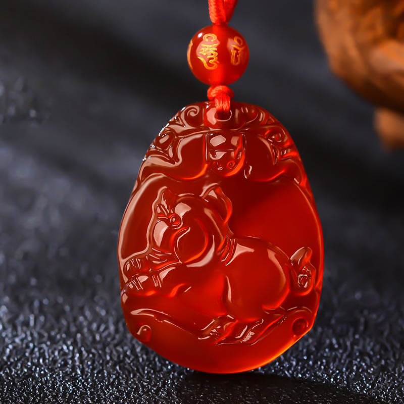Hand-Carved Natural Red Agate Chinese Zodiac Symbol Pendant Necklace
