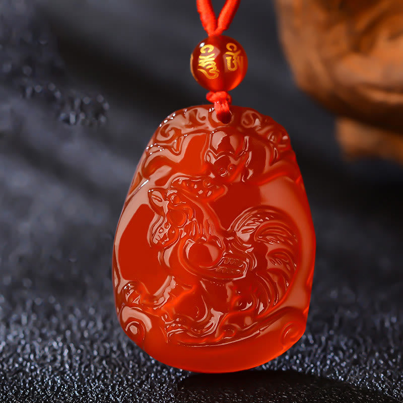 Hand-Carved Natural Red Agate Chinese Zodiac Symbol Pendant Necklace