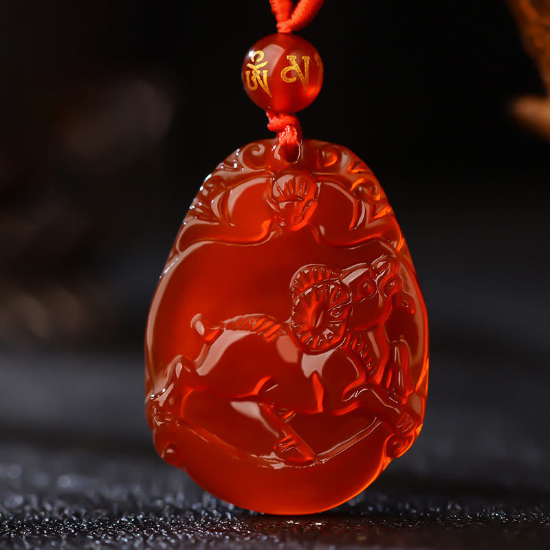 Hand-Carved Natural Red Agate Chinese Zodiac Symbol Pendant Necklace