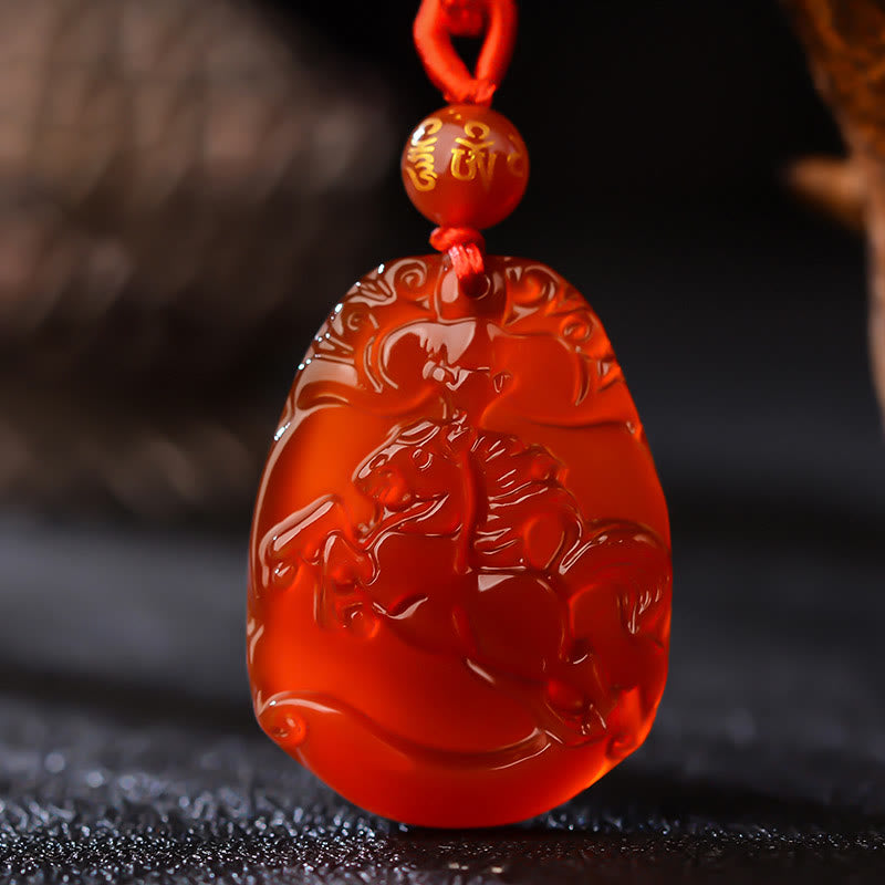 Hand-Carved Natural Red Agate Chinese Zodiac Symbol Pendant Necklace