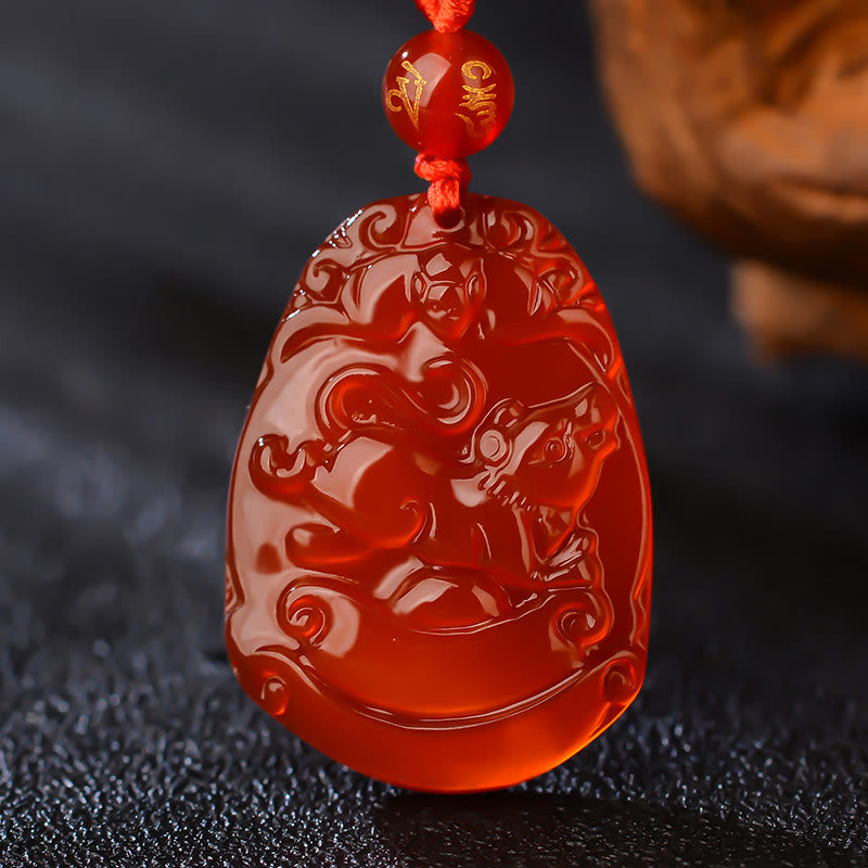 Hand-Carved Natural Red Agate Chinese Zodiac Symbol Pendant Necklace