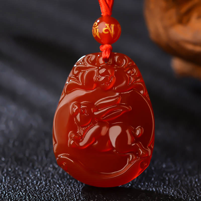 Hand-Carved Natural Red Agate Chinese Zodiac Symbol Pendant Necklace