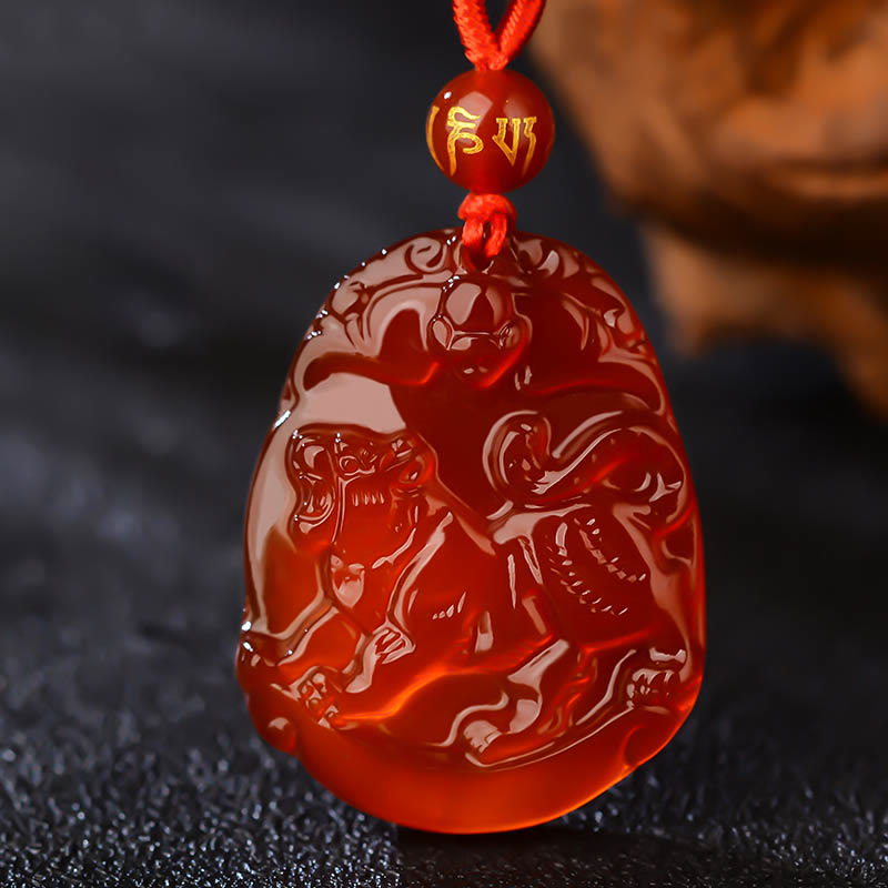 Hand-Carved Natural Red Agate Chinese Zodiac Symbol Pendant Necklace