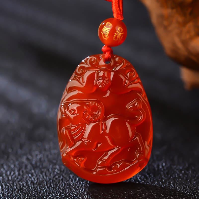 Hand-Carved Natural Red Agate Chinese Zodiac Symbol Pendant Necklace