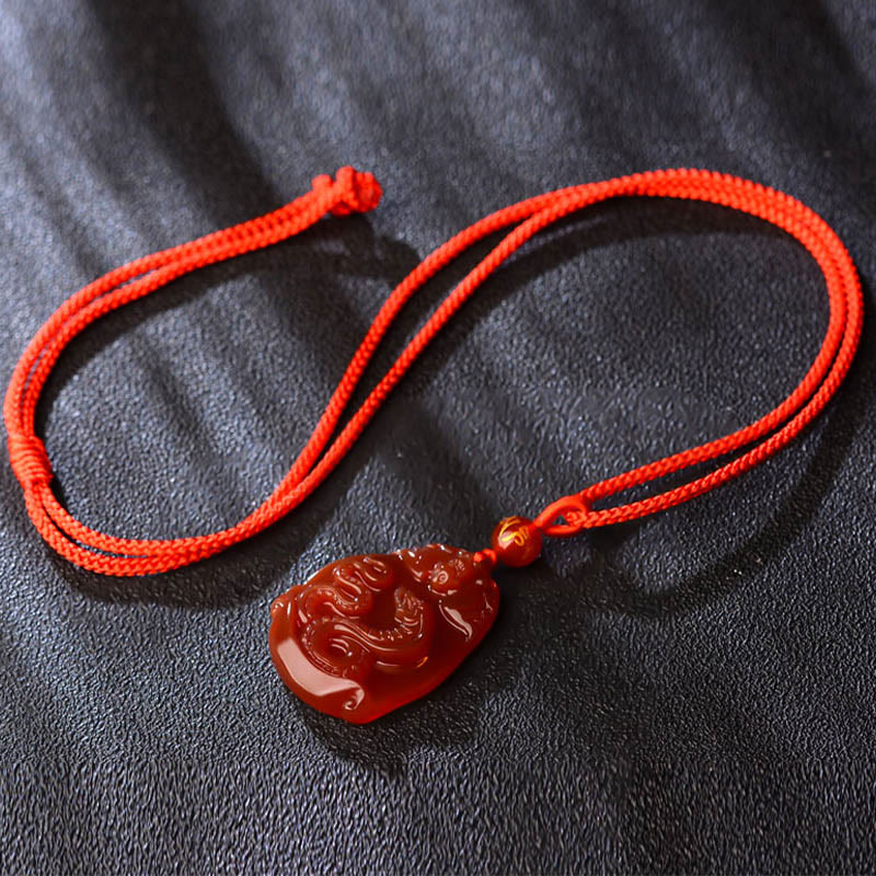 Hand-Carved Natural Red Agate Chinese Zodiac Symbol Pendant Necklace