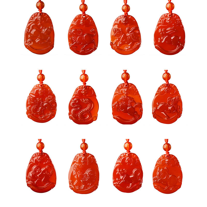 Hand-Carved Natural Red Agate Chinese Zodiac Symbol Pendant Necklace