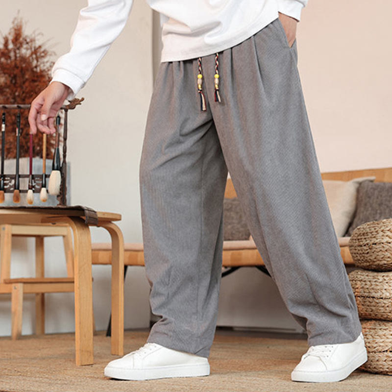 Fall Winter Men's Drawstring Corduroy Solid Pants With Pockets