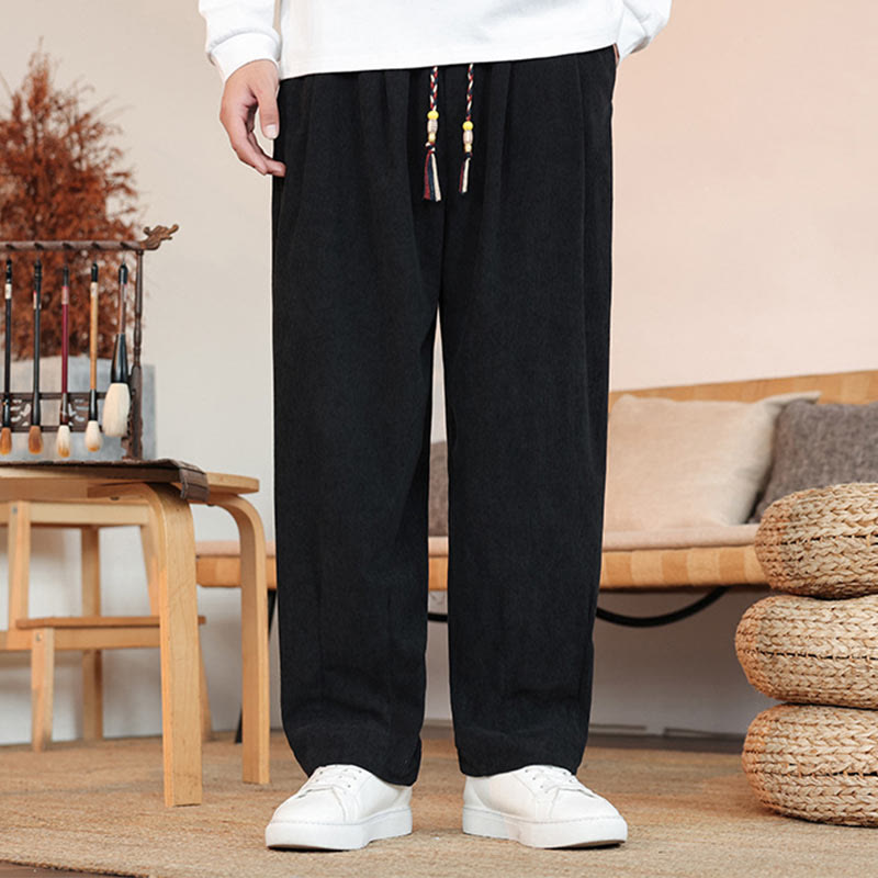 Fall Winter Men's Drawstring Corduroy Solid Pants With Pockets