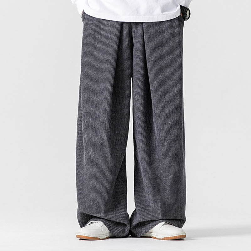 Solid Color Cotton Corduroy Men's Wide Leg Pants With Pockets