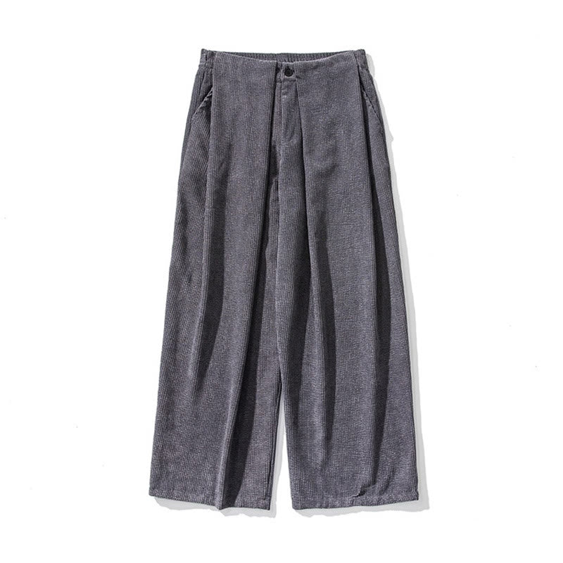 Solid Color Cotton Corduroy Men's Wide Leg Pants With Pockets