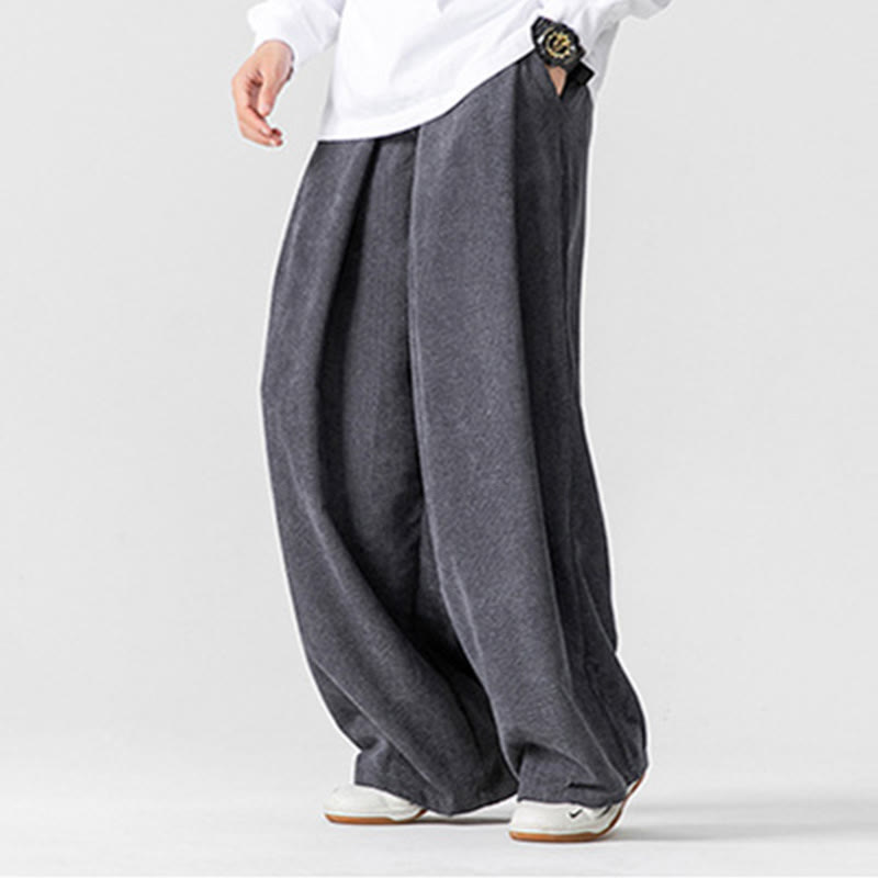 Solid Color Cotton Corduroy Men's Wide Leg Pants With Pockets