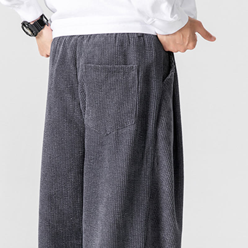 Solid Color Cotton Corduroy Men's Wide Leg Pants With Pockets