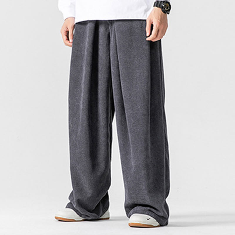 Solid Color Cotton Corduroy Men's Wide Leg Pants With Pockets