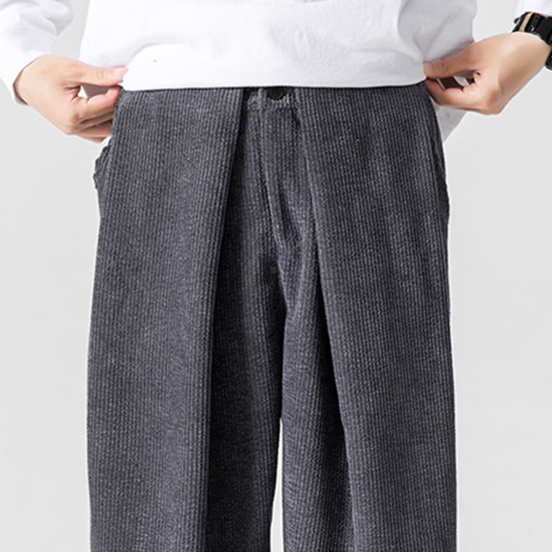 Solid Color Cotton Corduroy Men's Wide Leg Pants With Pockets