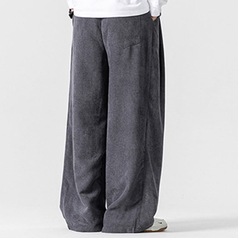 Solid Color Cotton Corduroy Men's Wide Leg Pants With Pockets