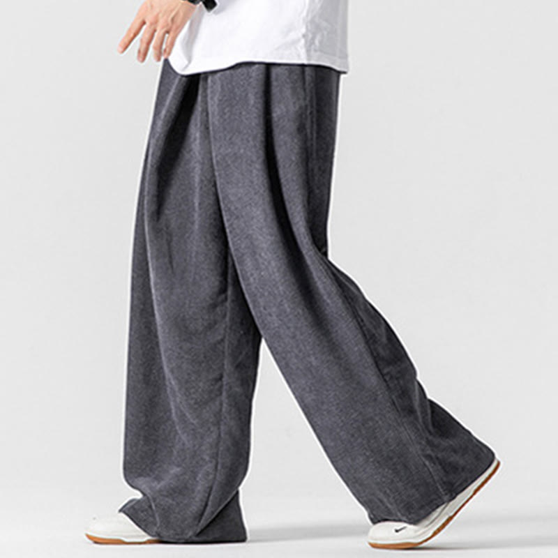 Solid Color Cotton Corduroy Men's Wide Leg Pants With Pockets