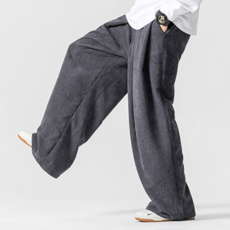 Solid Color Cotton Corduroy Men's Wide Leg Pants With Pockets