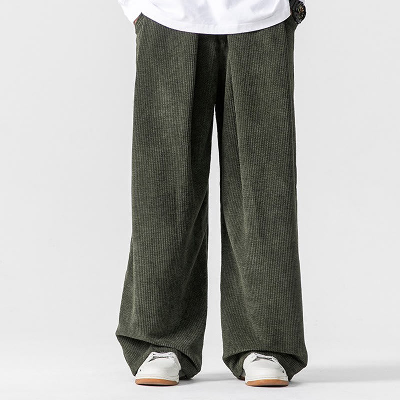 Solid Color Cotton Corduroy Men's Wide Leg Pants With Pockets
