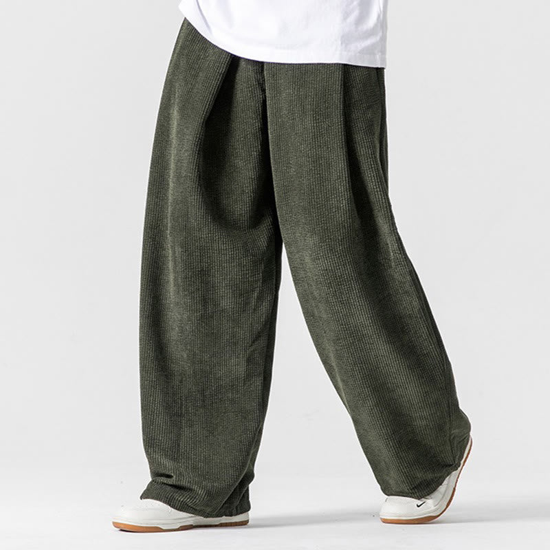 Solid Color Cotton Corduroy Men's Wide Leg Pants With Pockets
