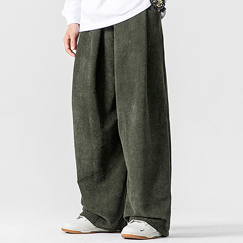 Solid Color Cotton Corduroy Men's Wide Leg Pants With Pockets
